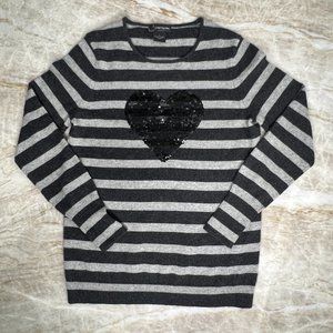 C by Bloomingdales Cashmere Sweater - Black & Grey Stripes, Black Sequin Heart